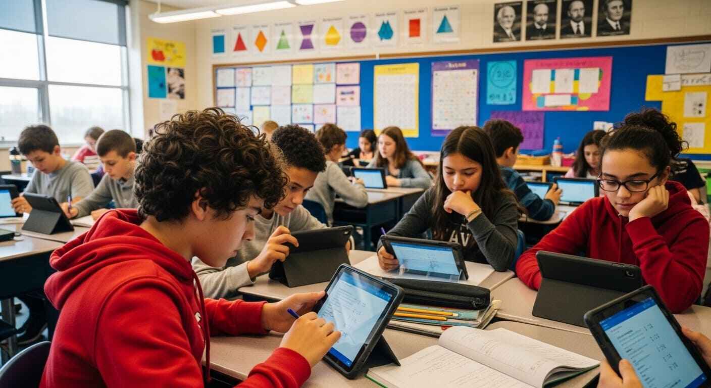 Middle school students excitedly participating in a Gimkit math review game