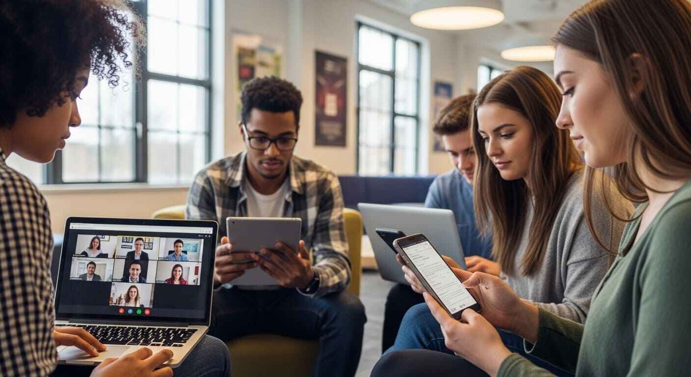 Students using laptops, tablets, and smartphones during a Gimkit session with varying results.”