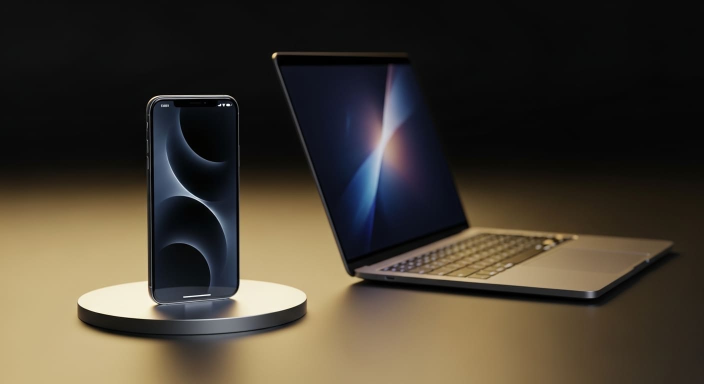 “A smartphone placed on a winner’s podium next to a laptop, symbolizing the Gimkit mobile app’s victory in performance tests.”