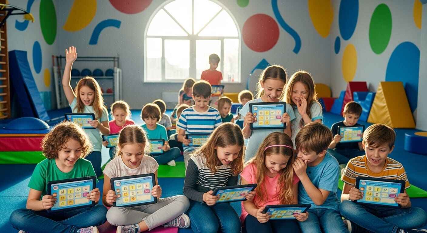 Young children playing interactive PE games with bright visuals on tablets.