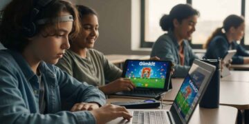 A photorealistic, high-quality banner image showing a diverse group of middle school students in a modern classroom. Two students are clearly visible: one engaged with a tablet running a Gimkit-like quiz and another student using a laptop with headphones and a clear Braille display next to the keyboard. The background is a vibrant but slightly blurred educational environment. The image visually represents accessible educational games and inclusive classroom technology.