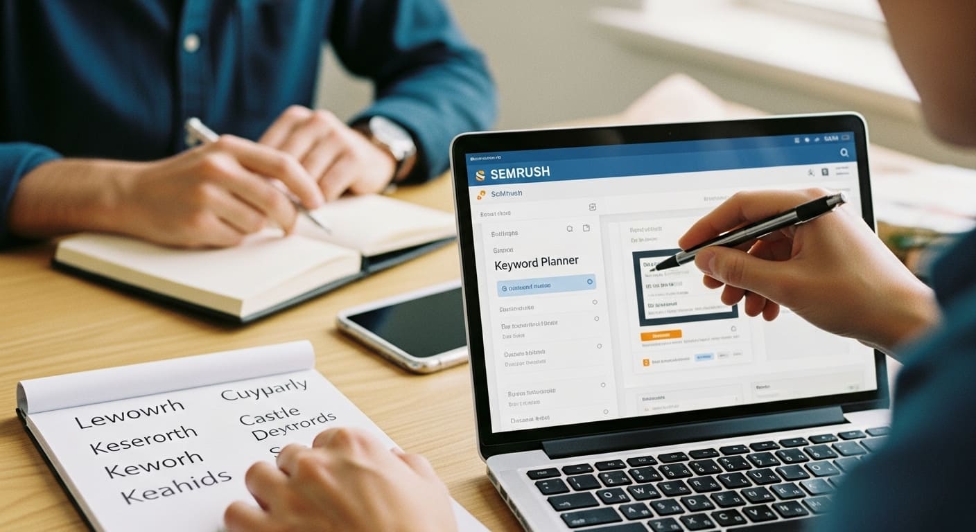 Digital marketer conducting keyword research using SEMrush and analyzing competitor PPC campaigns.