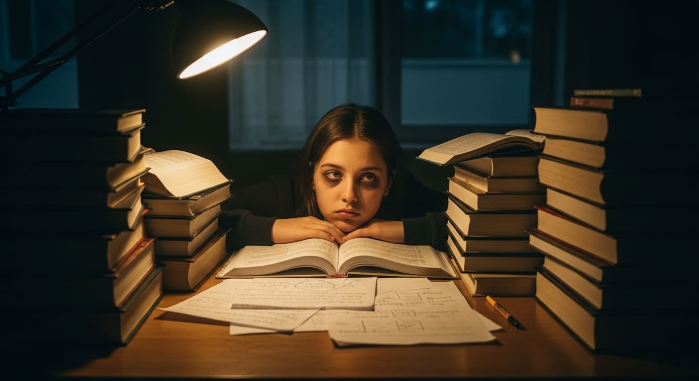 Frustrated student looking at a high-priced boot camp brochure with dollar signs and calculator on table