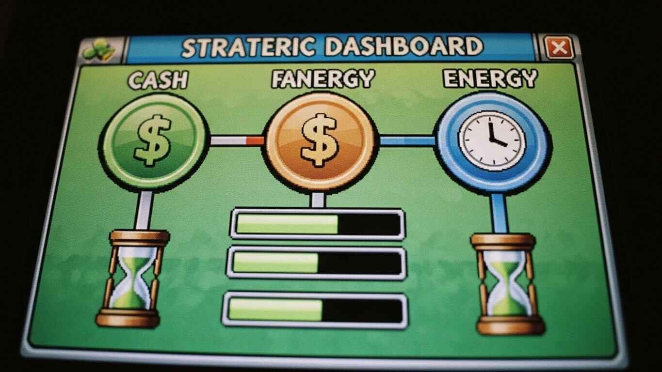 “Conceptual image showing three Farmchain currencies—cash, energy, and time—represented as farming icons and workflow elements.”
