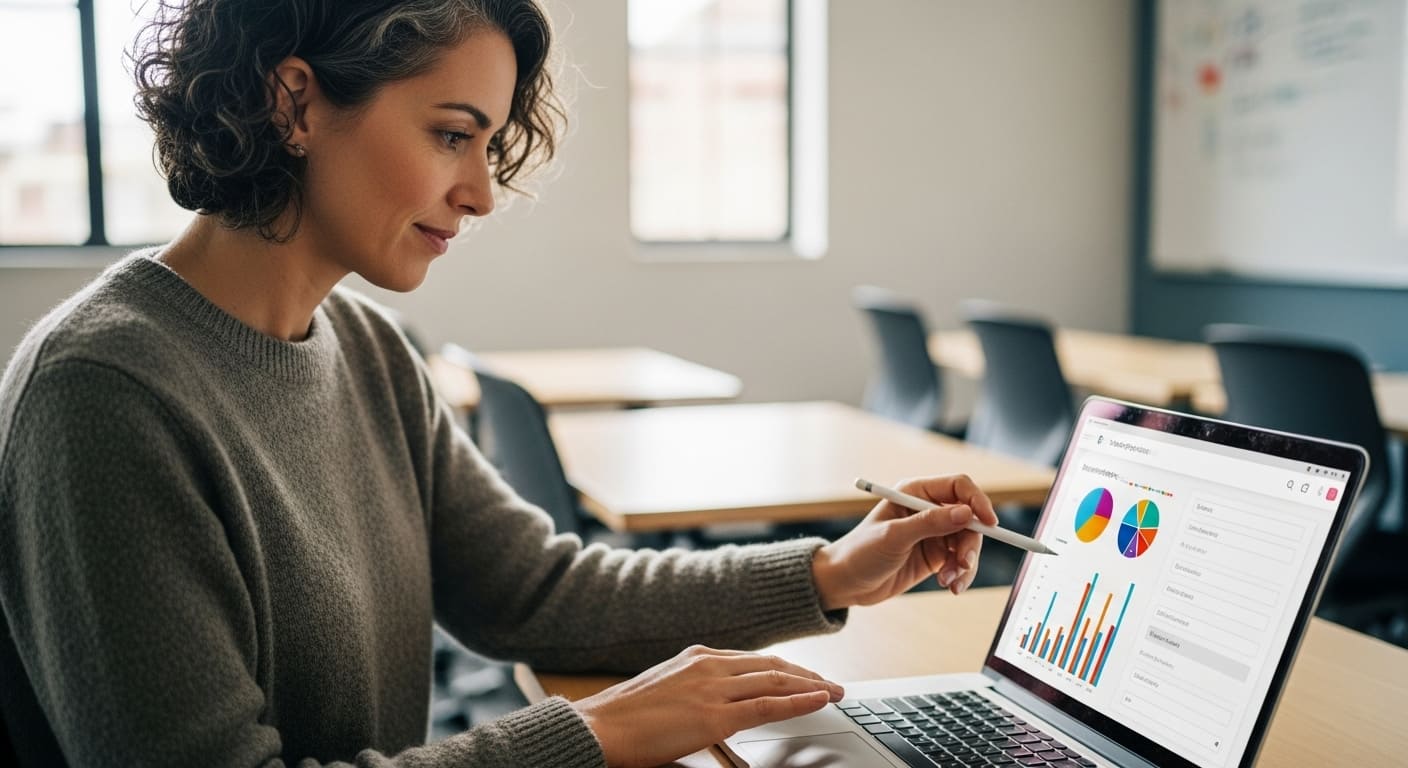 Dashboard-style photo showing a teacher analyzing student data metrics on a laptop, representing Gimkit data collection categories.