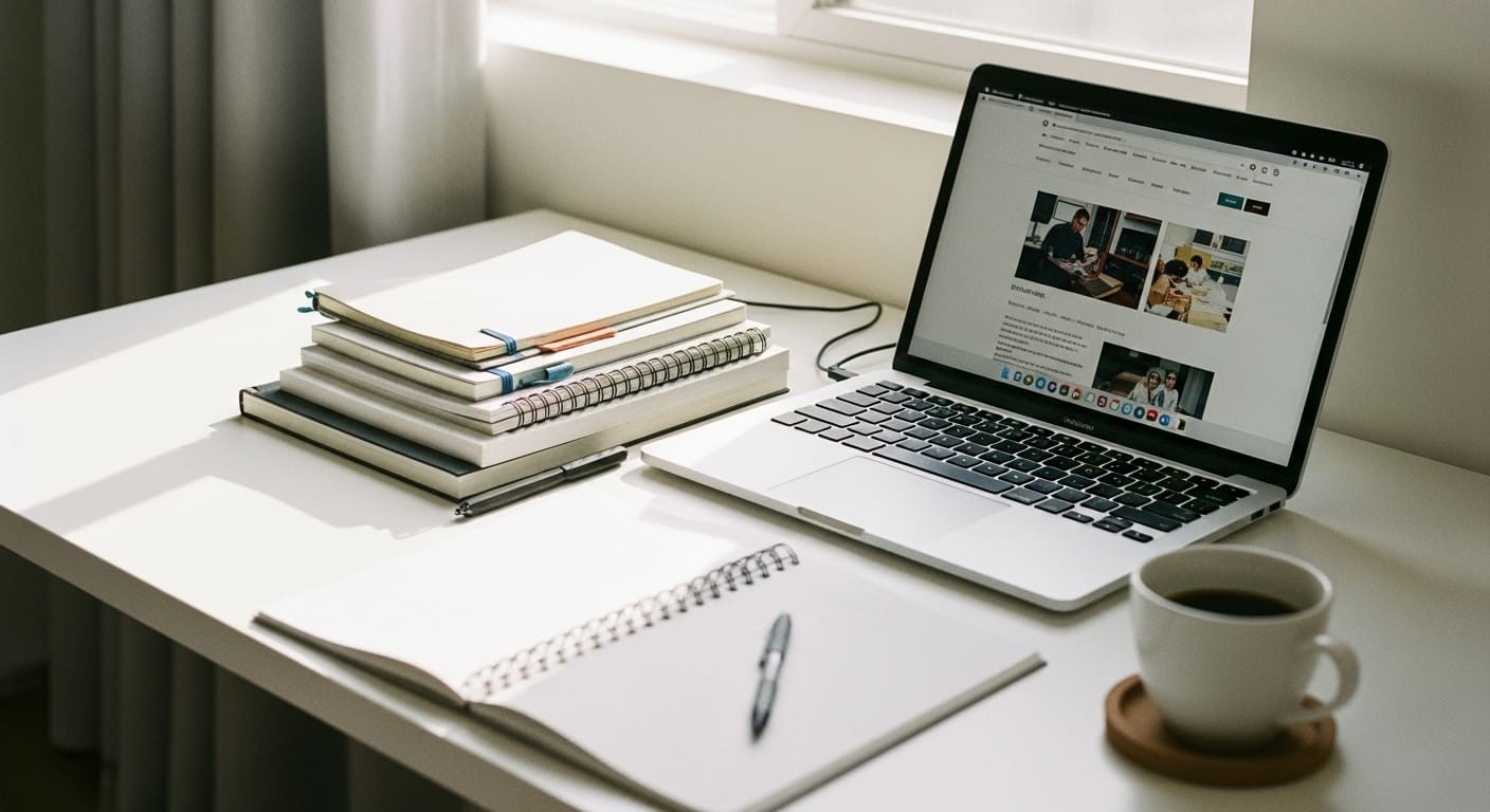 Laptop on a study desk showing academic websites and digital notes, symbolizing essential online resources for students.