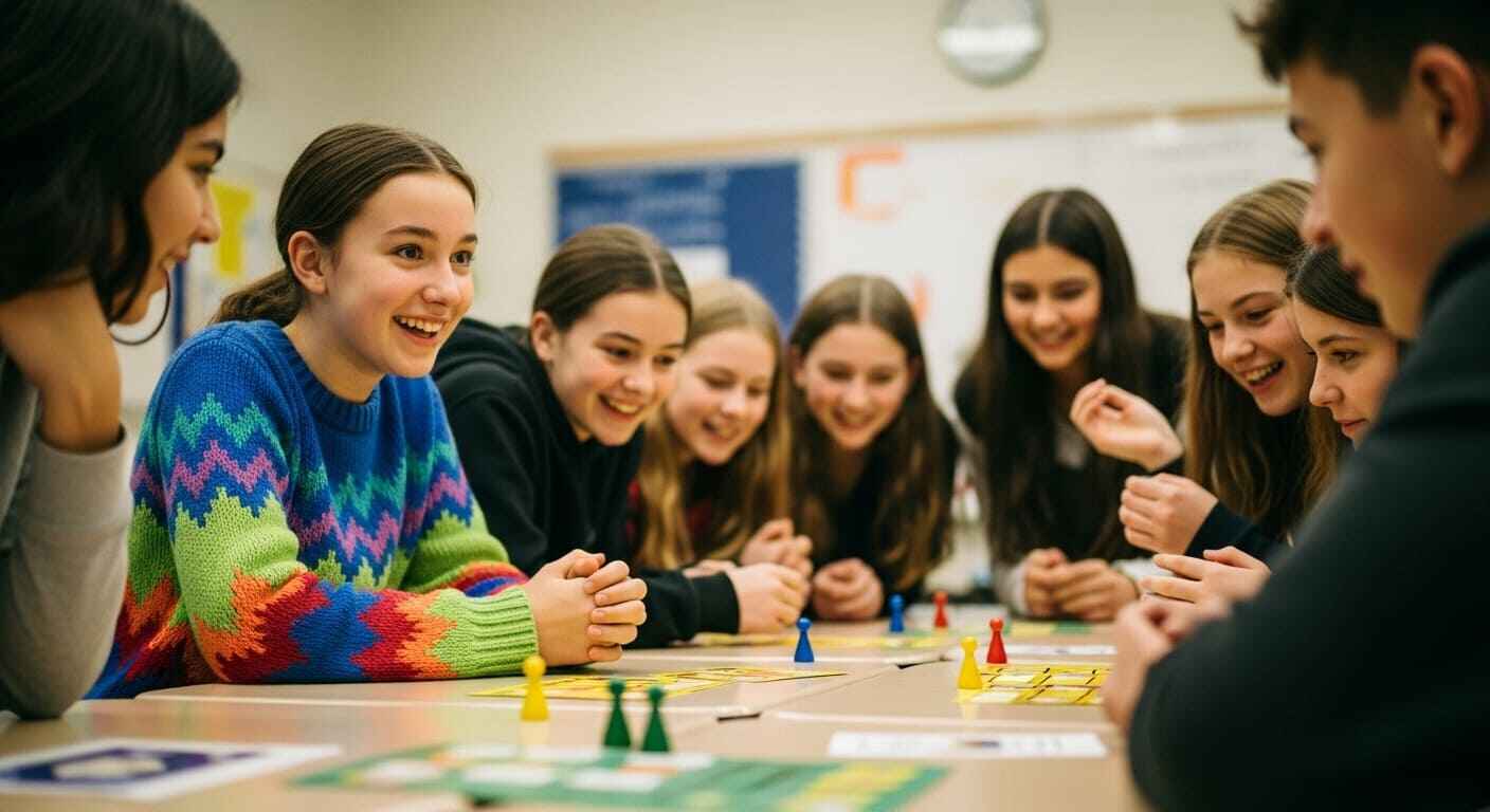 Students re-engaging with learning during a festive classroom activity that boosts focus through novelty.