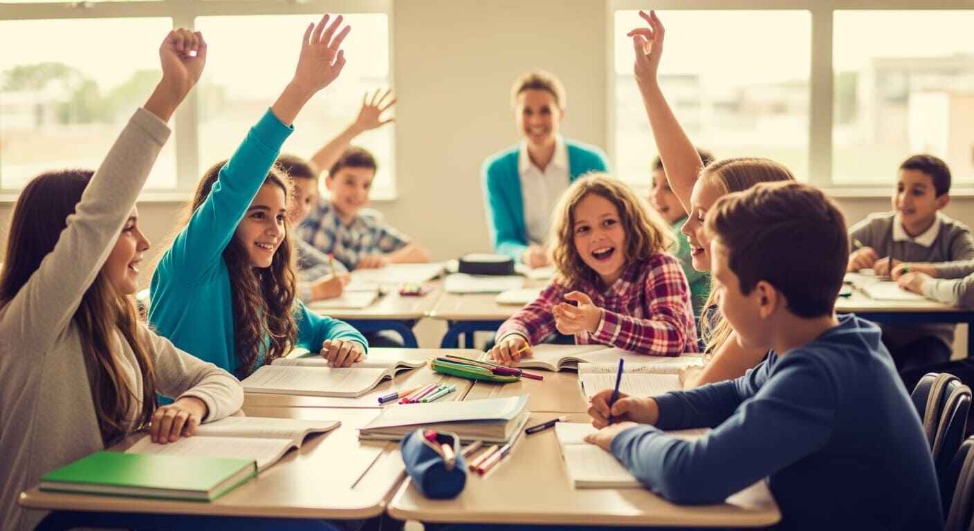 A classroom of engaged students participating in an interactive end-of-year review game, showing collaboration and movement.