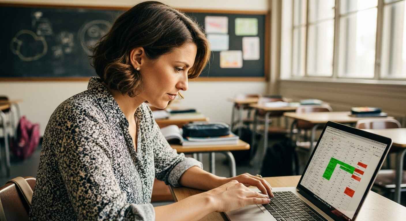 Teacher reviewing automatically synced quiz scores on a laptop, showing faster grading with digital classroom tools.