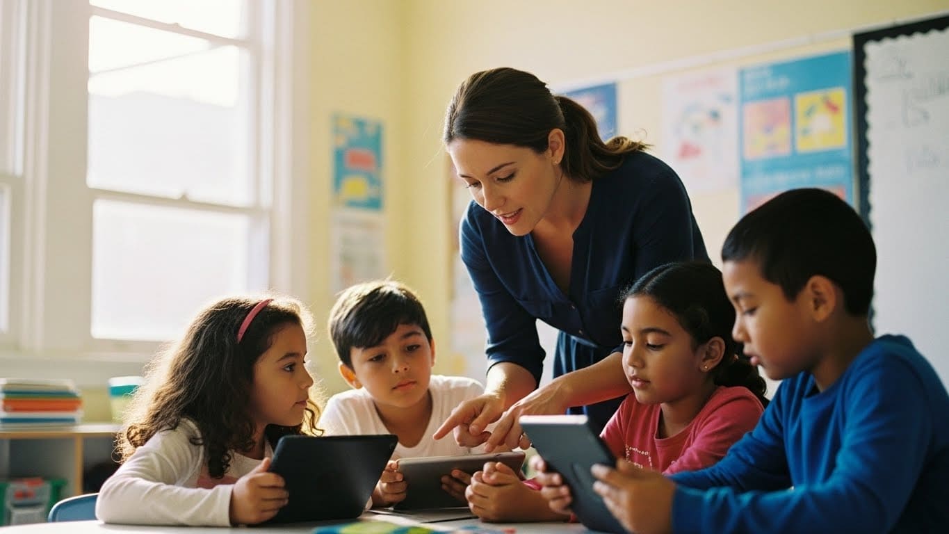 “A teacher guiding students through a short, focused learning activity using a tablet during a microlearning session in a bright classroom.”