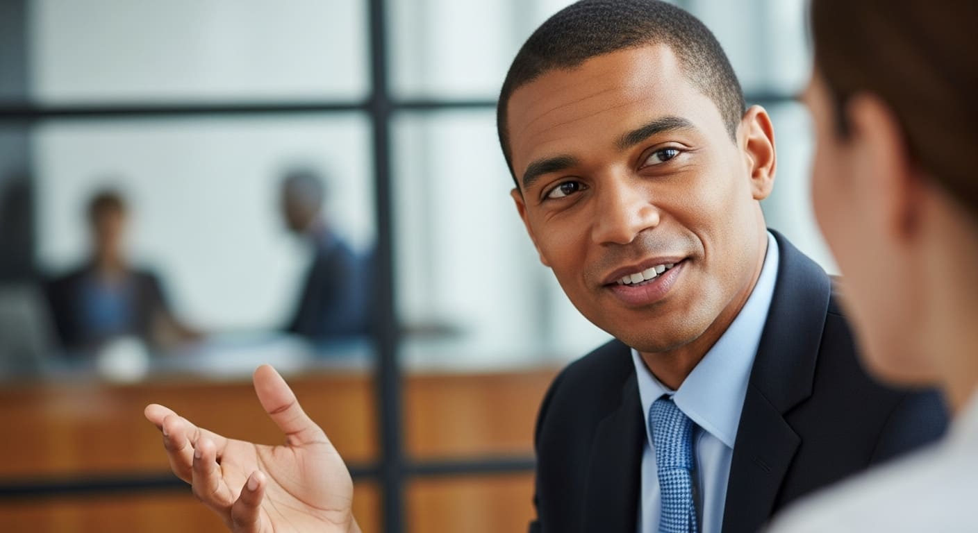 Sales representative confidently countering a competitor's objection during a client meeting