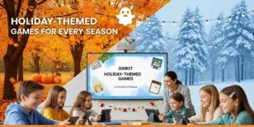 A vibrant split image showing a classroom of diverse, smiling students actively playing holiday-themed Gimkit games on tablets. The top half of the image transitions from a warm autumn scene with falling leaves and pumpkins to a snowy winter landscape with decorated trees, framing the text "Holiday-Themed Games for Every Season" and the Gimkit logo. The classroom features a teacher interacting with students, a large screen displaying "Gimkit Holiday-Themed Games," and festive string lights, emphasizing fun and learning before school breaks.