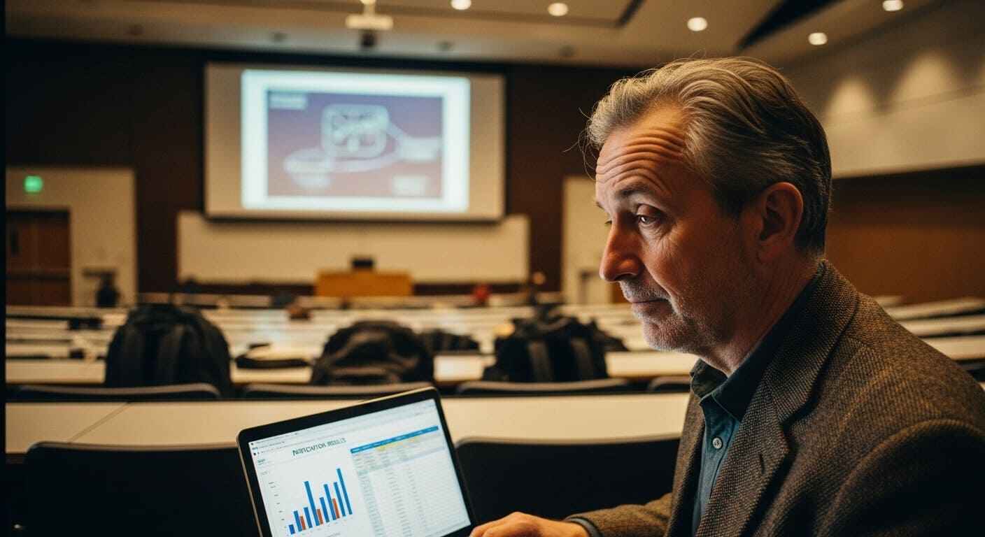 Higher-ed professor reviewing participation data synced from Gimkit to Blackboard after an in-class quiz session.