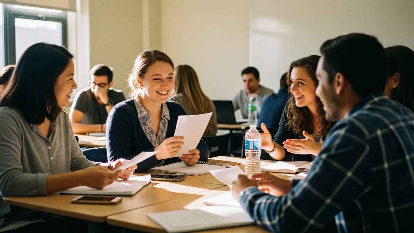 “Students pairing up for a quick reflection activity after a short digital learning session.”