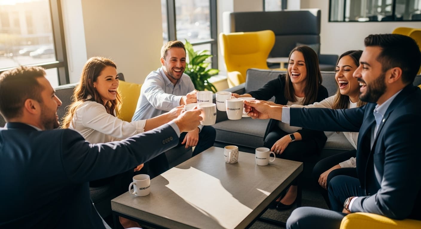 Smiling sales team bonding and celebrating success, representing strong workplace culture and retention