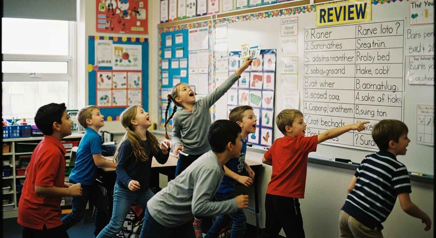 Young elementary students playing an active, movement-based review game in the classroom.