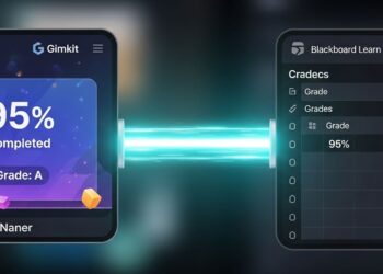 Photo-realistic conceptual image showing a grade score (e.g., 95%) being automatically transferred from a colorful, gamified interface (Gimkit) to a structured, dark-mode gradebook view (Blackboard Learn) via a glowing, digital connection, symbolizing seamless LTI integration and teacher workflow automation.
