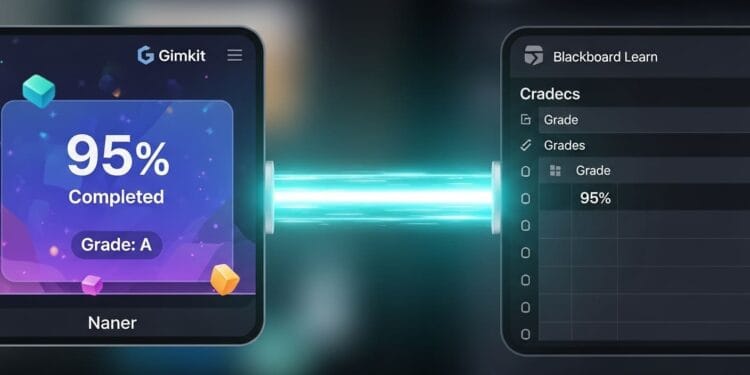 Photo-realistic conceptual image showing a grade score (e.g., 95%) being automatically transferred from a colorful, gamified interface (Gimkit) to a structured, dark-mode gradebook view (Blackboard Learn) via a glowing, digital connection, symbolizing seamless LTI integration and teacher workflow automation.