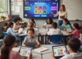 A vibrant, photo-realistic image depicting a diverse group of elementary and middle school students in a modern classroom, actively engaged with tablets or laptops. They are smiling and interacting, with a large interactive whiteboard in the background displaying a colorful, game-like interface that hints at Gimkit. The scene emphasizes fun, quick learning, and technology integration.