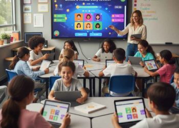 A vibrant, photo-realistic image depicting a diverse group of elementary and middle school students in a modern classroom, actively engaged with tablets or laptops. They are smiling and interacting, with a large interactive whiteboard in the background displaying a colorful, game-like interface that hints at Gimkit. The scene emphasizes fun, quick learning, and technology integration.