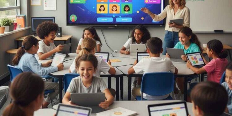 A vibrant, photo-realistic image depicting a diverse group of elementary and middle school students in a modern classroom, actively engaged with tablets or laptops. They are smiling and interacting, with a large interactive whiteboard in the background displaying a colorful, game-like interface that hints at Gimkit. The scene emphasizes fun, quick learning, and technology integration.