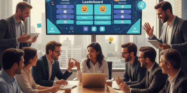A diverse group of professional sales representatives enthusiastically engaging in a gamified training session in a modern office. They are focused on a large screen displaying a vibrant quiz interface, holding tablets or laptops, and showing expressions of competition and collaboration. The scene emphasizes high engagement and technological integration in corporate learning.