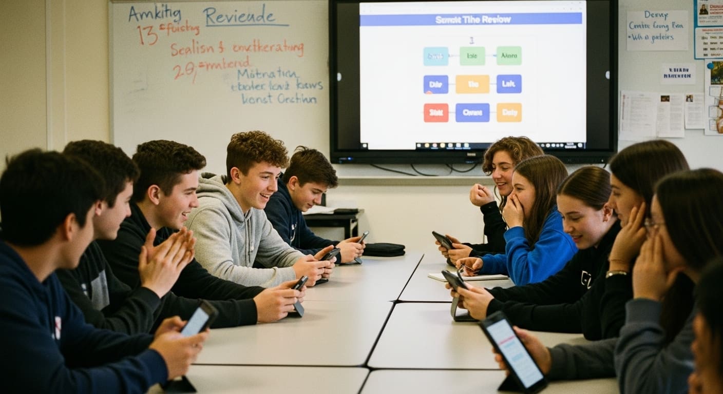 Middle school students participating in a competitive classroom or digital review game.