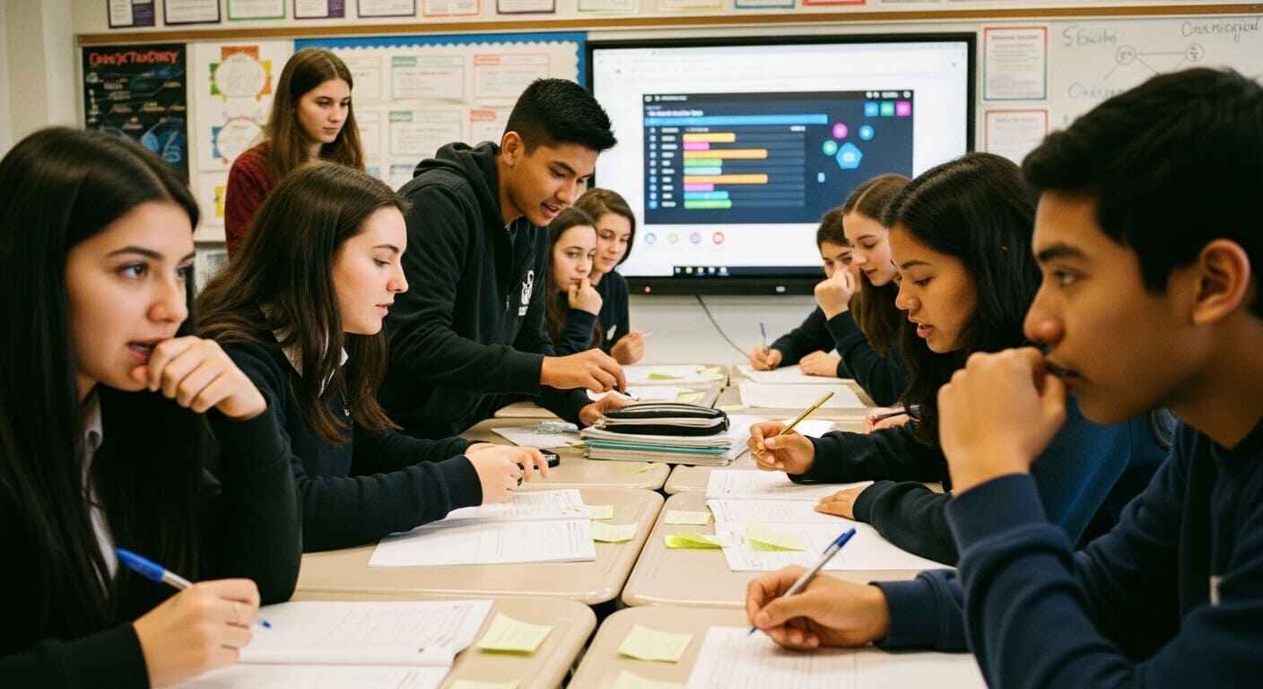 High school students playing a challenging, fast-paced review game with a leaderboard.