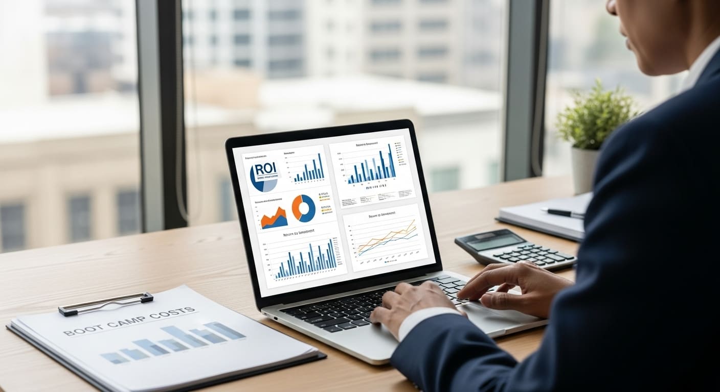 Professional alternating between textbook and gamified learning app on laptop.