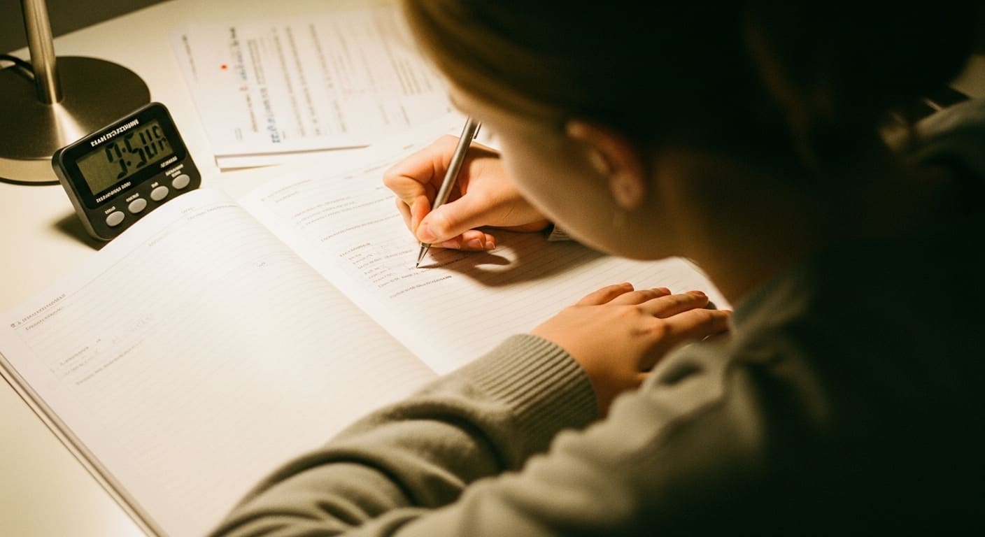 Student practicing exam papers with a timer, pen, and organized notes on a desk.