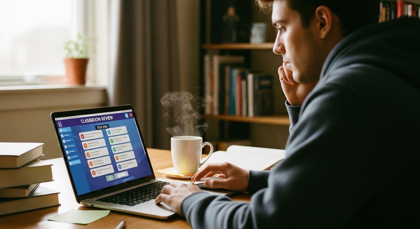 Students at home participating in an online review game through laptops or tablets.