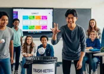 Photo-realistic image of diverse high school students cheering and laughing while playing a mix of digital and low-prep end-of-year review games in a vibrant classroom. The scene features a student aiming a crumpled paper at a trash can (Trash-ketball) near a laptop showing a competitive digital quiz game like Gimkit.