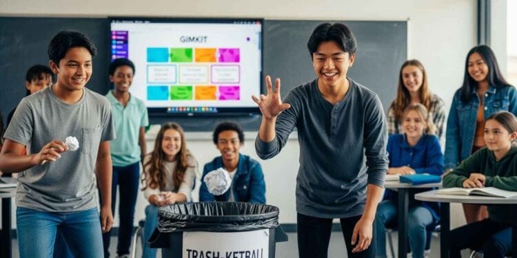 Photo-realistic image of diverse high school students cheering and laughing while playing a mix of digital and low-prep end-of-year review games in a vibrant classroom. The scene features a student aiming a crumpled paper at a trash can (Trash-ketball) near a laptop showing a competitive digital quiz game like Gimkit.