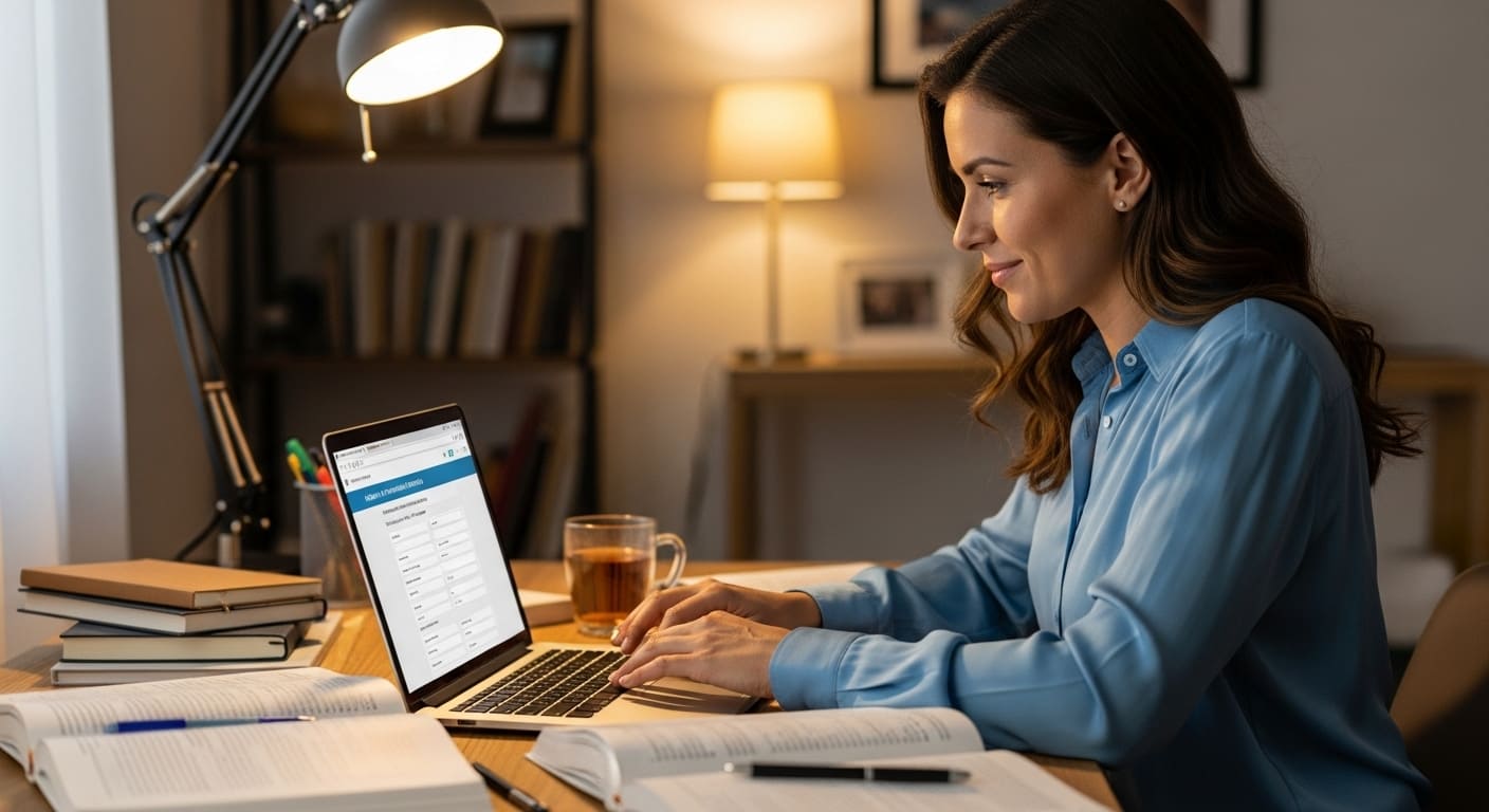 Close-up of professional writing new exam questions into question bank on laptop.