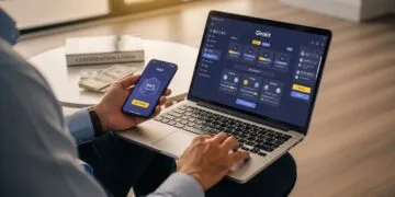 Professional using a laptop and smartphone to study for a certification exam with Gimkit's gamified interface visible, emphasizing active recall and saving money.