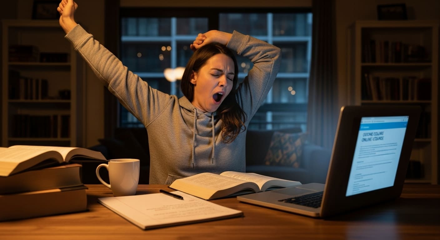 Student staring blankly at open textbook and laptop, struggling to stay focused during study