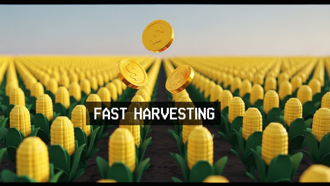 “Early-game Farmchain scene showing rapid corn harvesting and fast cash generation.”