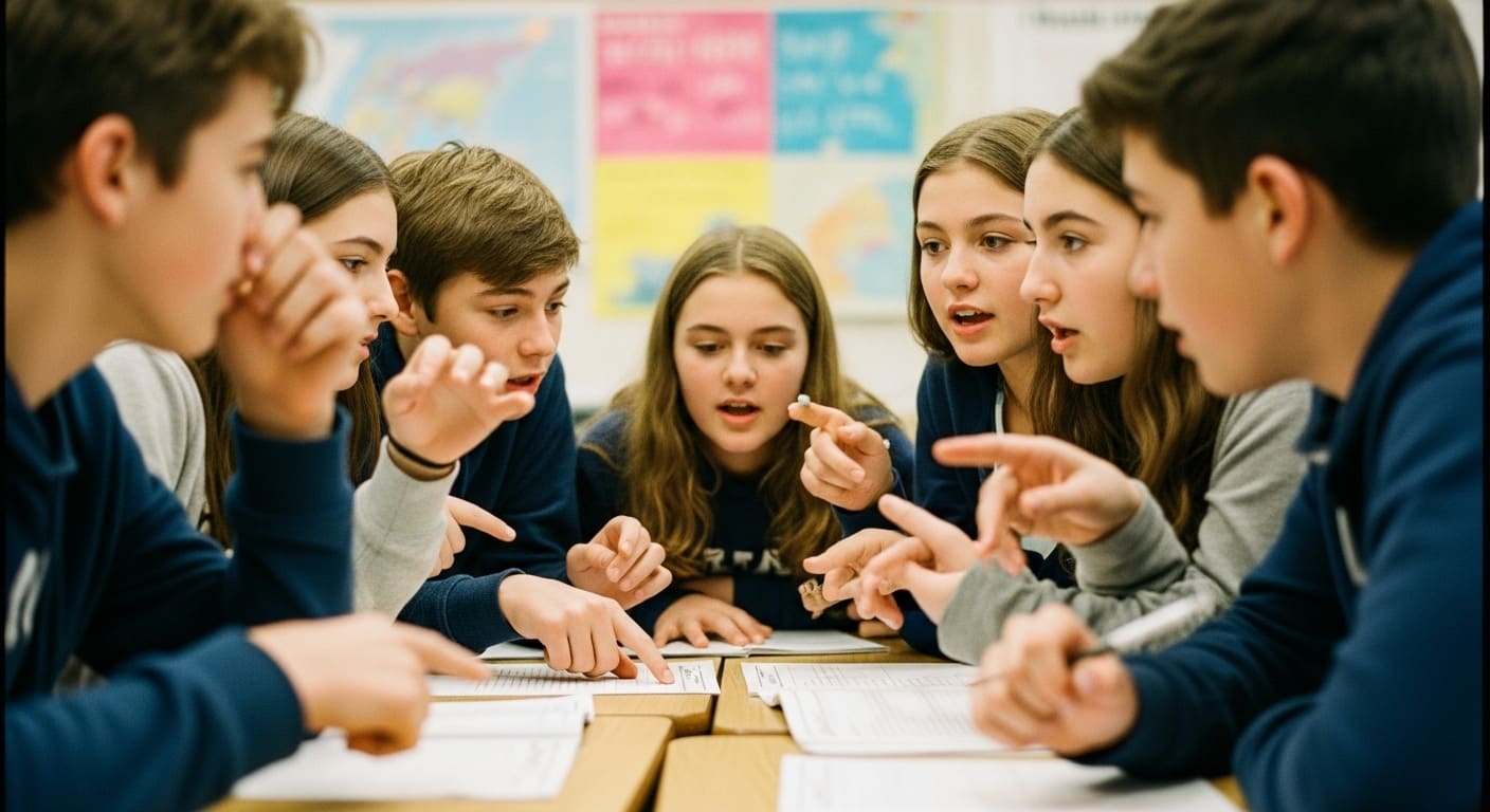 Students enthusiastically participating in a collaborative classroom game instead of listening to a lecture.