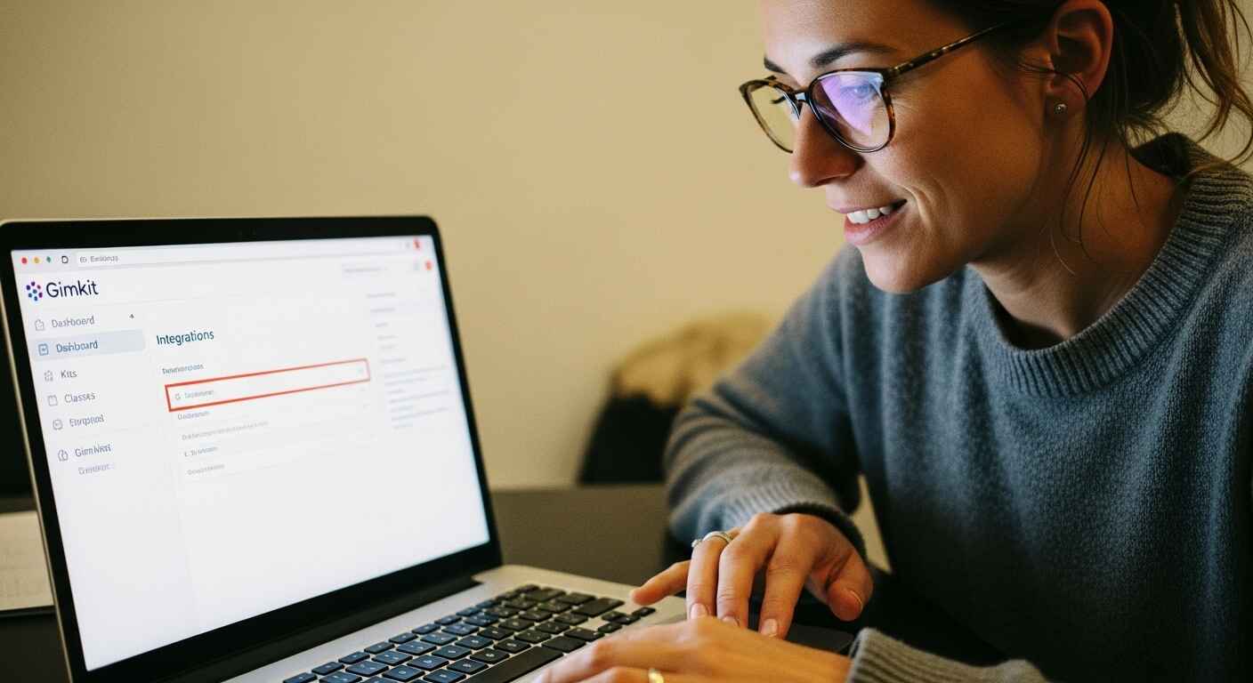 Close-up view of a teacher navigating the Gimkit dashboard settings to access the PowerSchool integration tab.