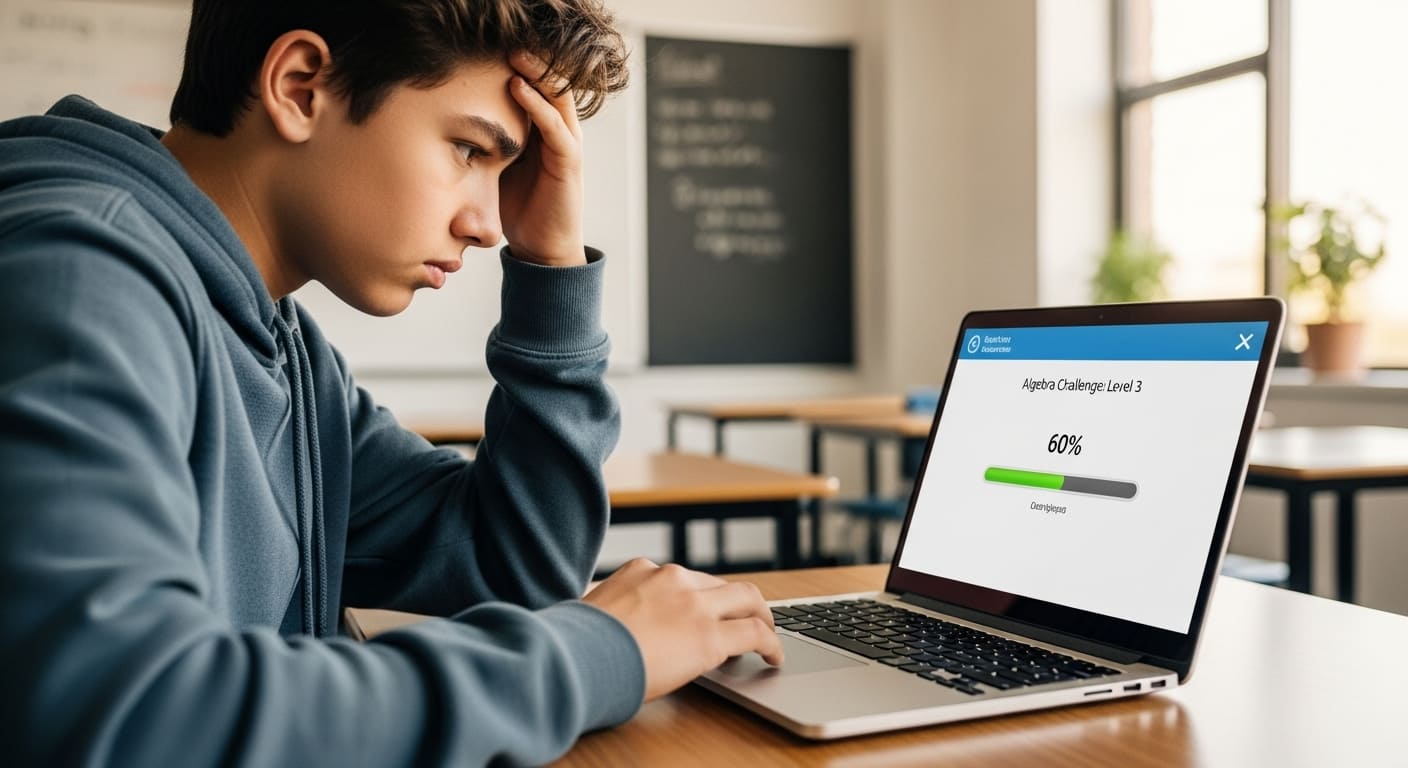 Student appearing frustrated while using an educational game on a laptop, highlighting barriers in digital learning for neurodivergent learners.