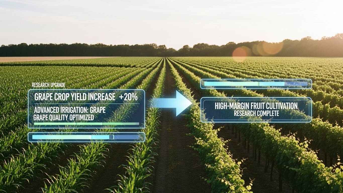 “Mid-game Farmchain interface showing grape production, research upgrades, and scaling resources.”