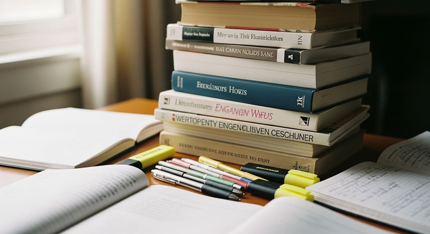 Stack of modern textbooks on a wooden desk with study notes and highlighters arranged around them.