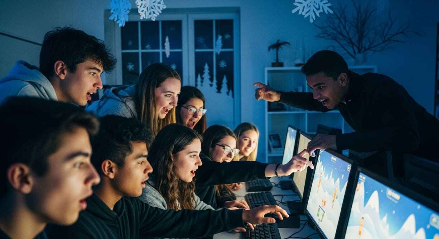 Students interacting with a fast-paced winter-themed learning game on classroom screens.
