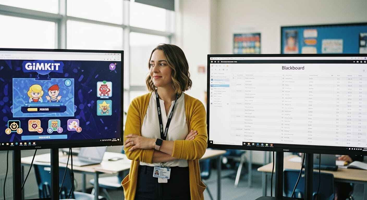Teacher comparing Gimkit’s game modes with Blackboard’s secure grading system, highlighting the benefits of LTI integration.