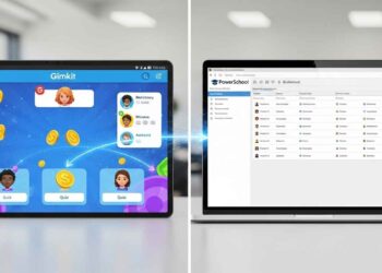 A vibrant, photo-realistic image depicting a digital tablet showing a lively Gimkit game interface on one side, seamlessly connecting via data lines to a laptop displaying a PowerSchool gradebook with synchronized scores on the other. This visual represents efficient grade syncing and technology integration for teachers, saving time on classroom assessment.
