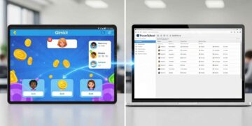 A vibrant, photo-realistic image depicting a digital tablet showing a lively Gimkit game interface on one side, seamlessly connecting via data lines to a laptop displaying a PowerSchool gradebook with synchronized scores on the other. This visual represents efficient grade syncing and technology integration for teachers, saving time on classroom assessment.