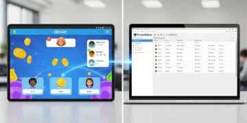A vibrant, photo-realistic image depicting a digital tablet showing a lively Gimkit game interface on one side, seamlessly connecting via data lines to a laptop displaying a PowerSchool gradebook with synchronized scores on the other. This visual represents efficient grade syncing and technology integration for teachers, saving time on classroom assessment.