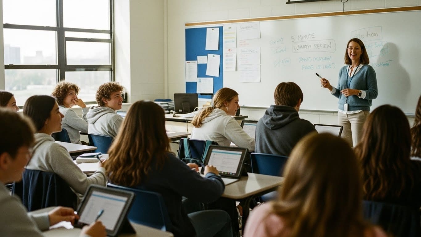 “Teacher leading a quick five-minute warm-up review with students using digital devices.”