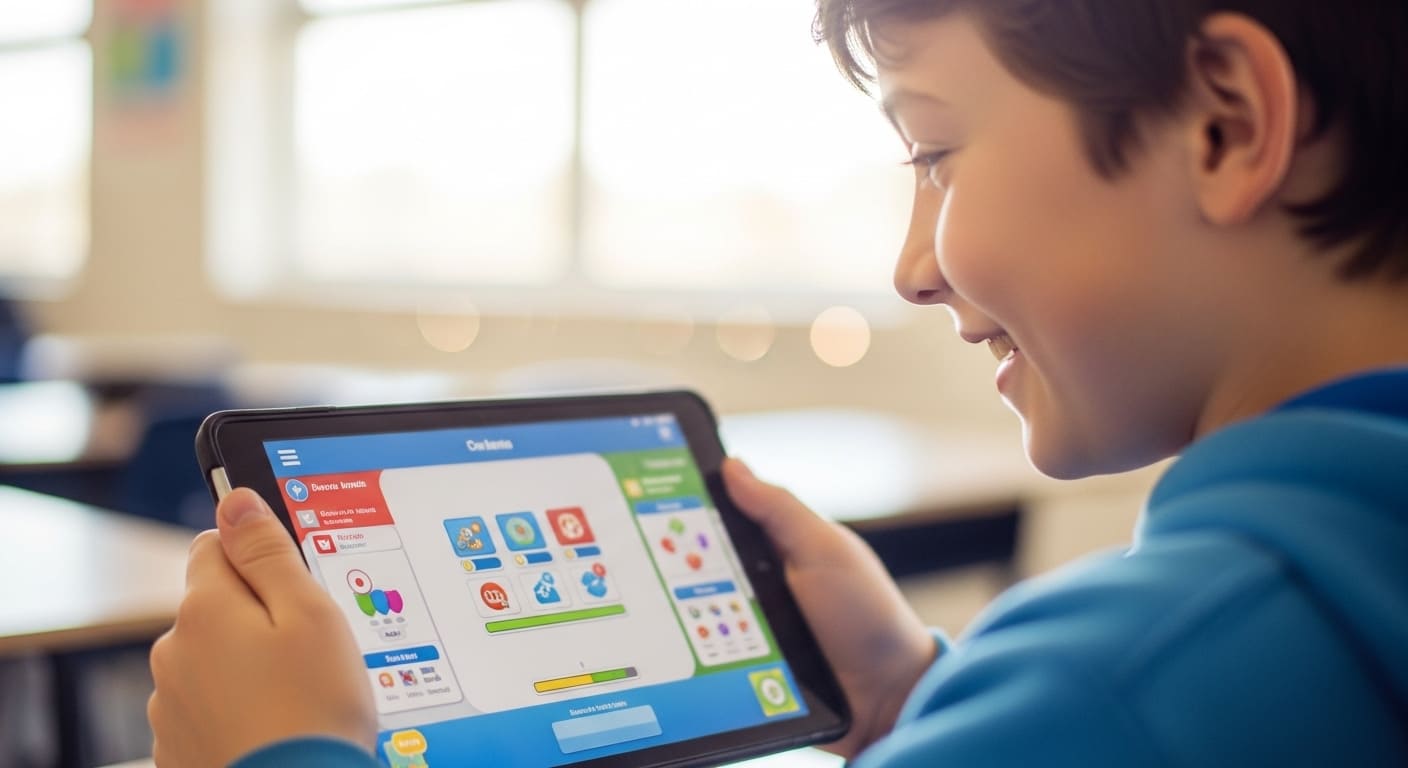 Happy student playing an educational game on a tablet, showing focus and engagement through gamified learning.
