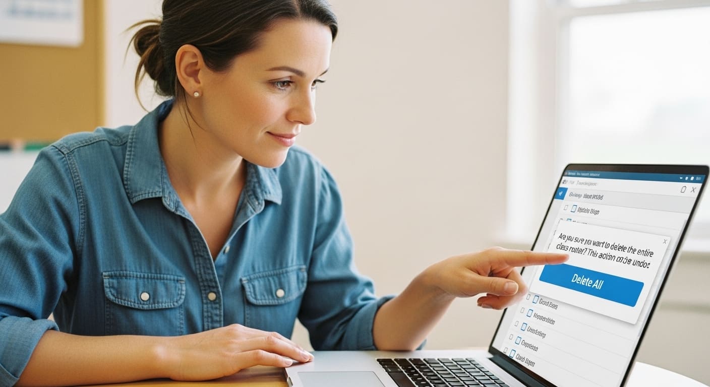Teacher performing bulk deletion of multiple class records on an education platform.